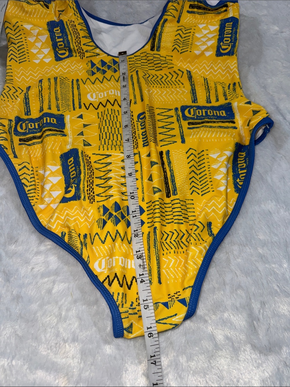 Corona Women One-Piece Swimsuit in White with Blue Trim and Yellow Logo - Picture 8 of 8